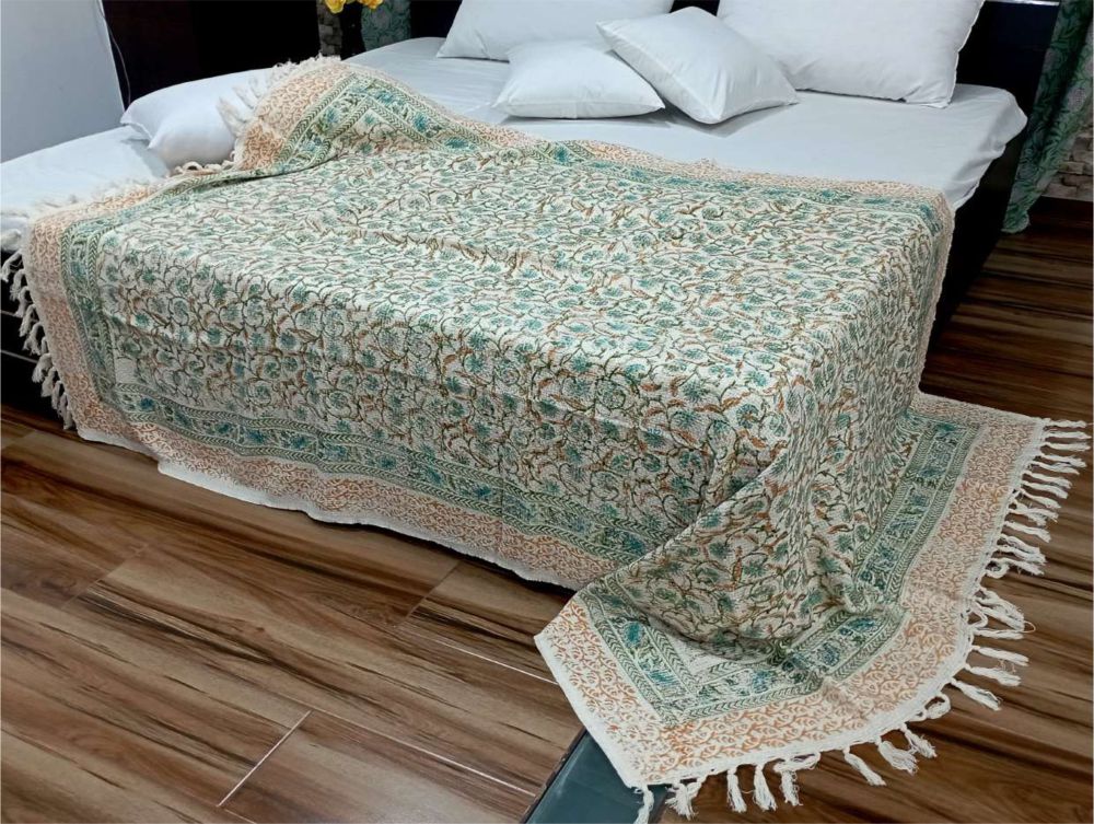 Hand Block Printed Cotton Sofa / Bed Throws -Floral Leaf Pattern