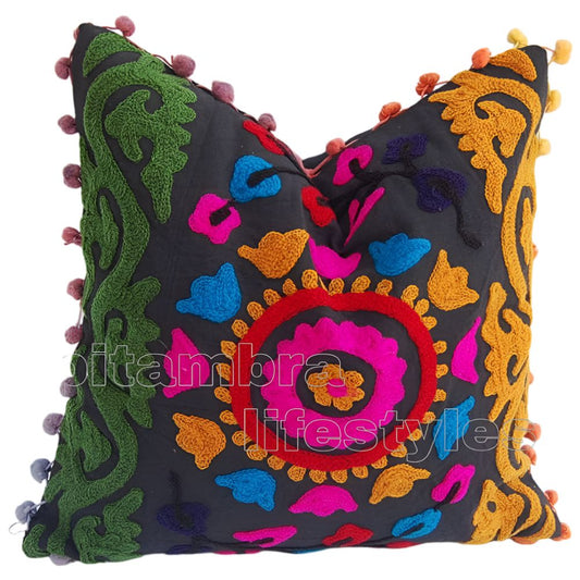 Pitambra 16X16 Inches Indian Suzani Cushions Vintage Handmade Pillow Cases Embroidered Throw Pillow Shams