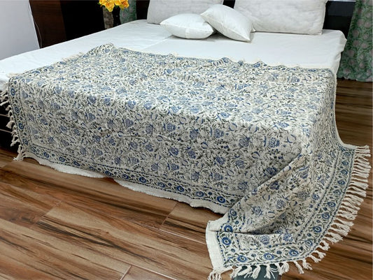 Hand Block Printed Cotton Sofa / Bed Throws -Floral Leaf Patten Blue