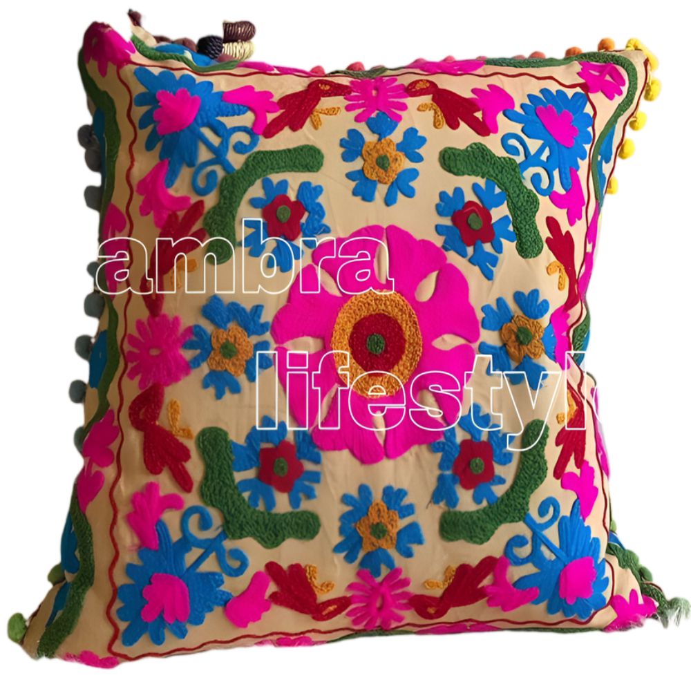 Pitambra 16X16 Inches Indian Suzani Cushions Vintage Handmade Pillow Cases Embroidered Throw Pillow Shams