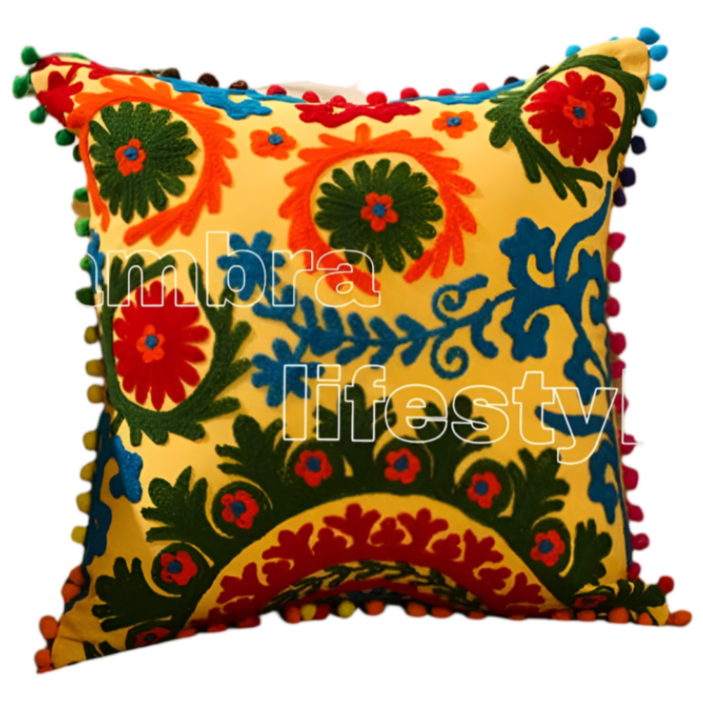 Pitambra 16X16 Inches Indian Suzani Cushions Vintage Handmade Pillow Cases Embroidered Throw Pillow Shams Yellow