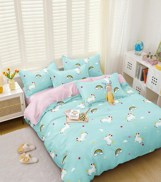 Pitambra Rich Cotton Wrinkle Free Soft Hypoallergenic Bed Sheet | Cartoon Printed Double Bedsheets King Size for Kids with 2 Pillow Cover (90x90 Inches) Unicorn