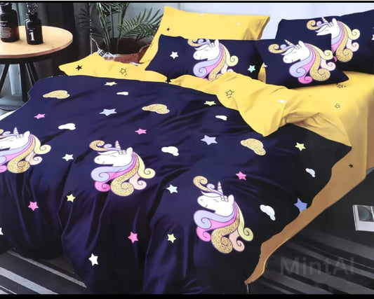 Pitambra Rich Cotton Wrinkle Free Soft Hypoallergenic Bed Sheet | Cartoon Printed Double Bedsheets King Size for Kids with 2 Pillow Cover (90x100 Inches) Unicorn Blue