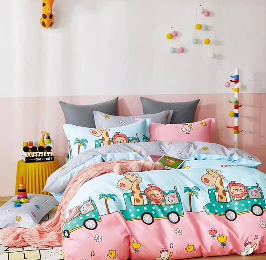 Pitambra Rich Cotton Wrinkle Free Soft Hypoallergenic Bed Sheet | Cartoon Printed Double Bedsheets King Size for Kids with 2 Pillow Cover (90x100 Inches) Animals Pink