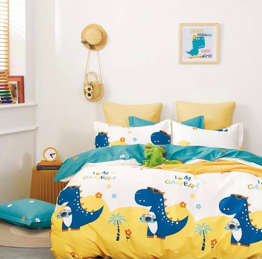 Pitambra Rich Cotton Wrinkle Free Soft Hypoallergenic Bed Sheet | Cartoon Printed Double Bedsheets King Size for Kids with 2 Pillow Cover (90x100 Inches) Dinosaur Camera